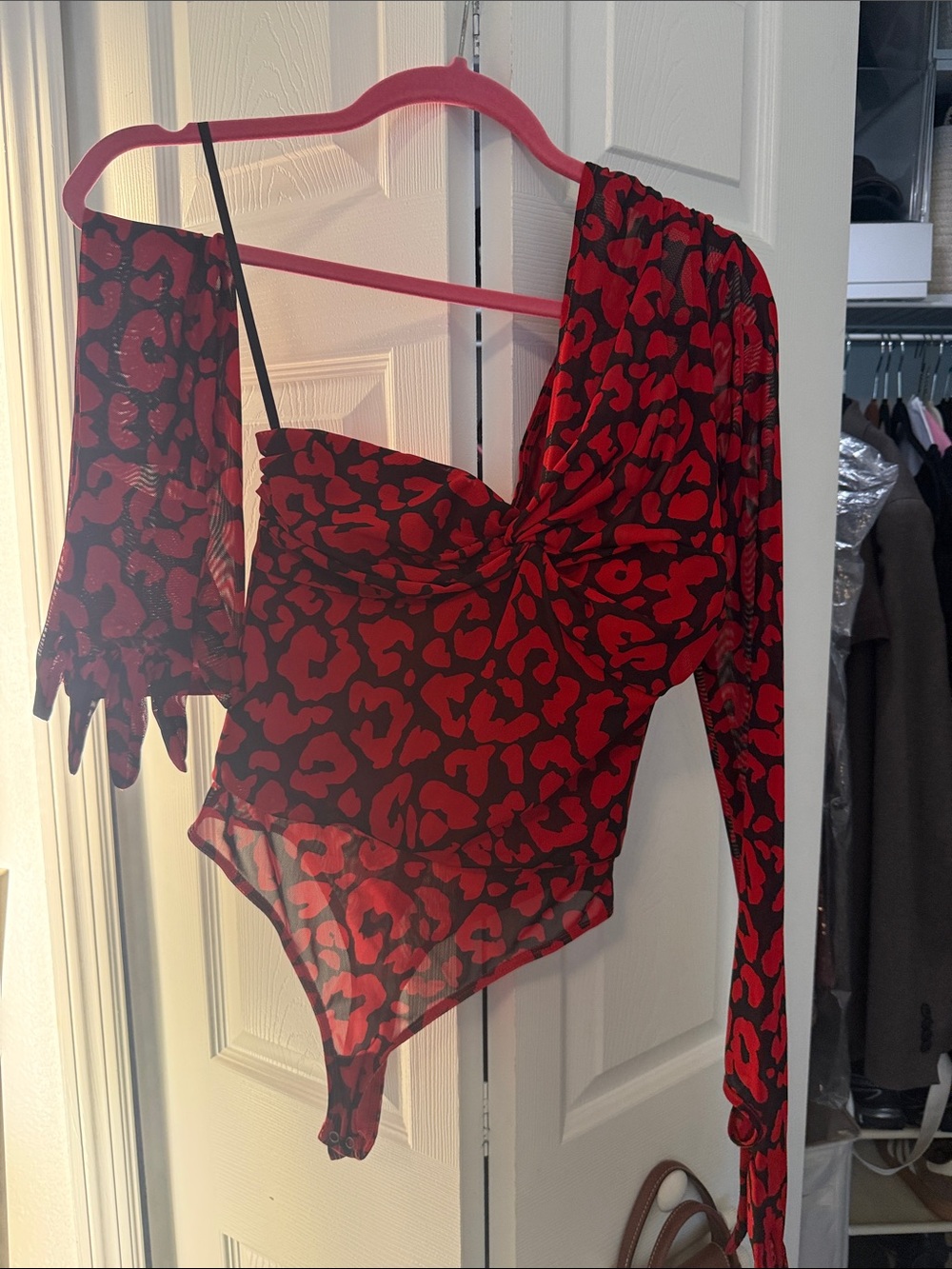 One-Shoulder Red Leopard Print Bodysuit - Picture 6 of 10